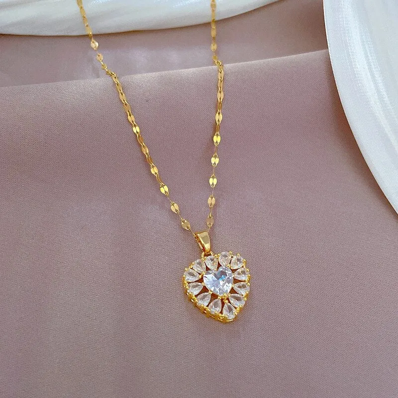 Gold Color Full Zirconia Heart Shaped Pendant Girl Necklace