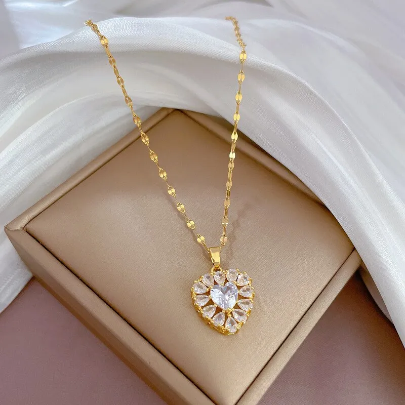 Gold Color Full Zirconia Heart Shaped Pendant Girl Necklace