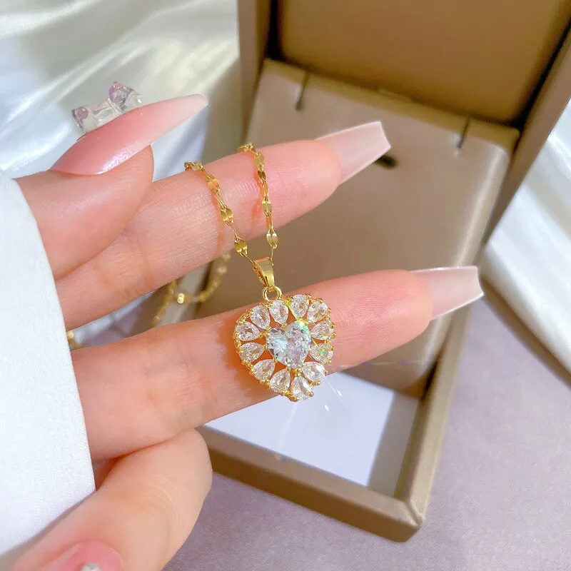 Gold Color Full Zirconia Heart Shaped Pendant Girl Necklace