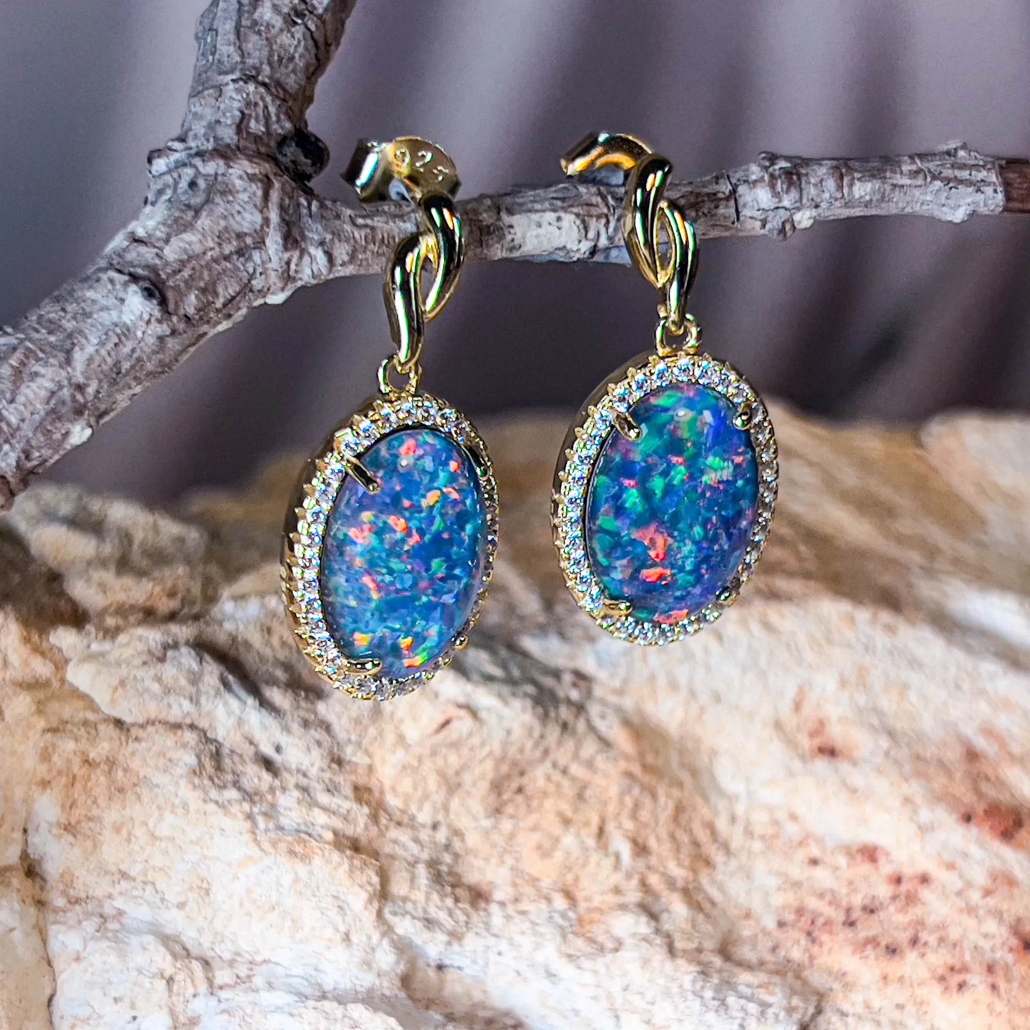 Gold Plated Sterling Silver 14x10mm Opal triplet dangling Halo earrings