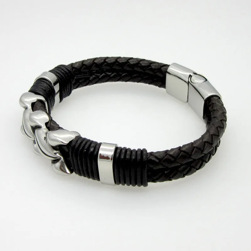 Hot Sell Handmade Genuine Leather Weaved Double Layer Man Bracelets Casual/Sporty Bicycle Motorcycle Delicate Cool Men Jewelry