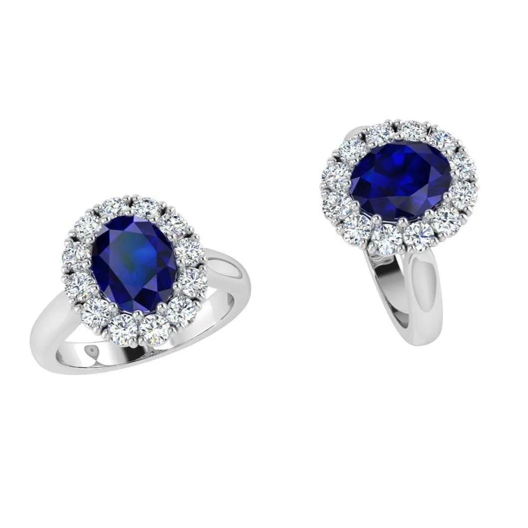 Lab-Grown Oval Sapphire Diamond Halo Ring 14K Gold