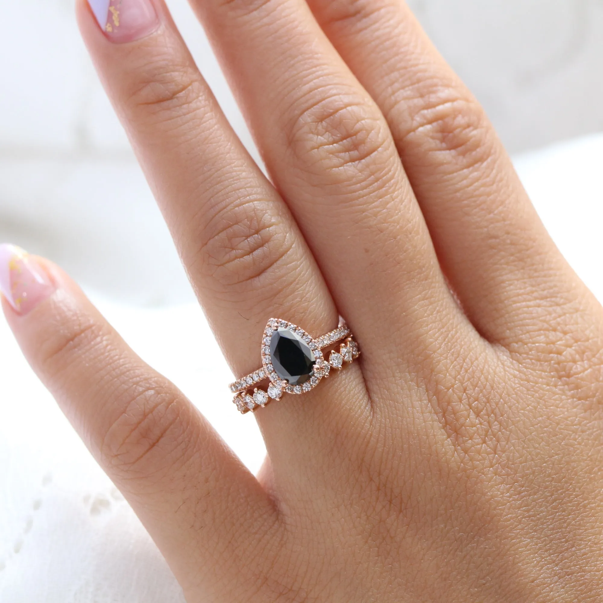 Luna Halo Pear Black Diamond Ring Set w/ 4 Prong Half Eternity Diamond Band