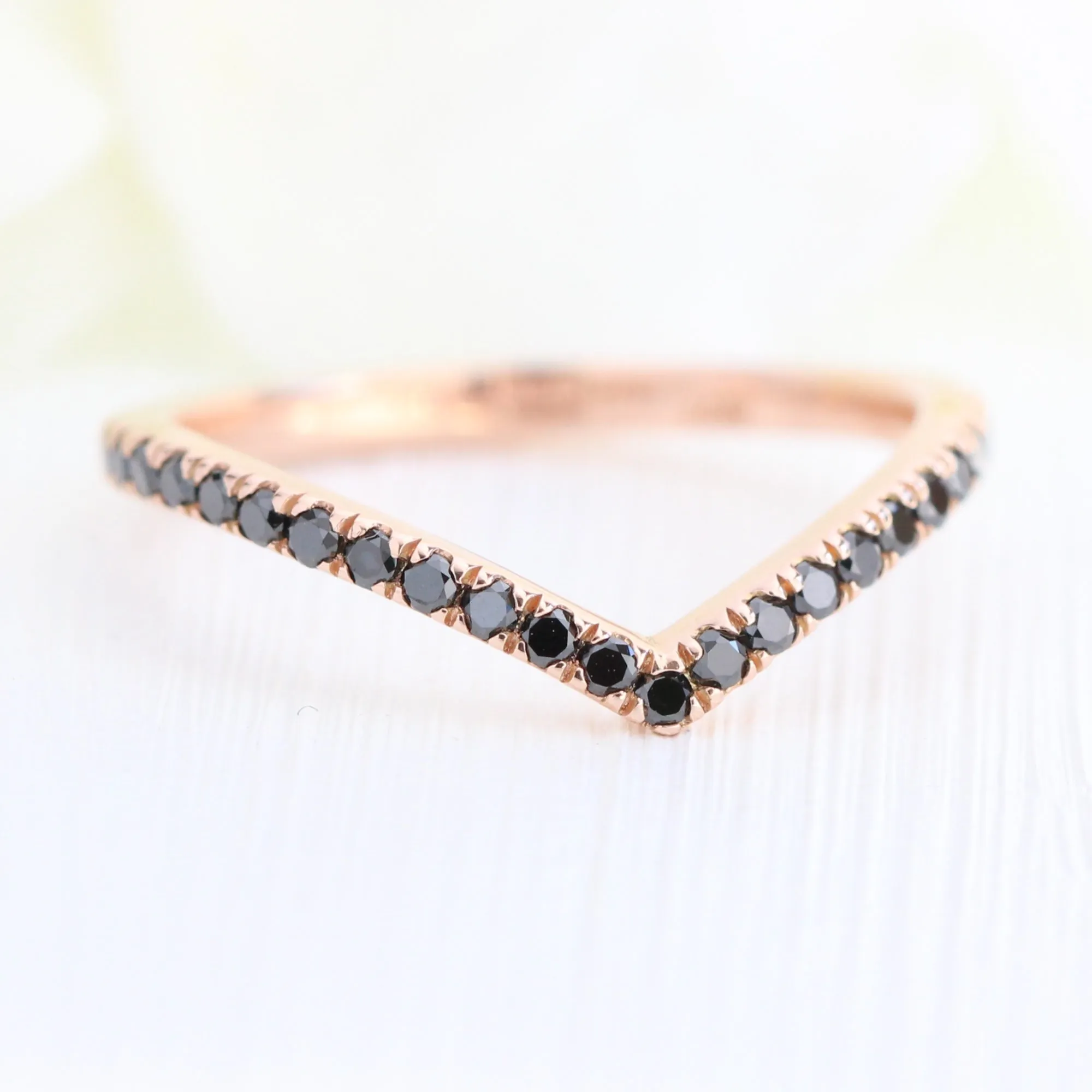 Luna Halo Pear Black Diamond Ring Set w/ Chevron V Shaped Diamond Wedding Band