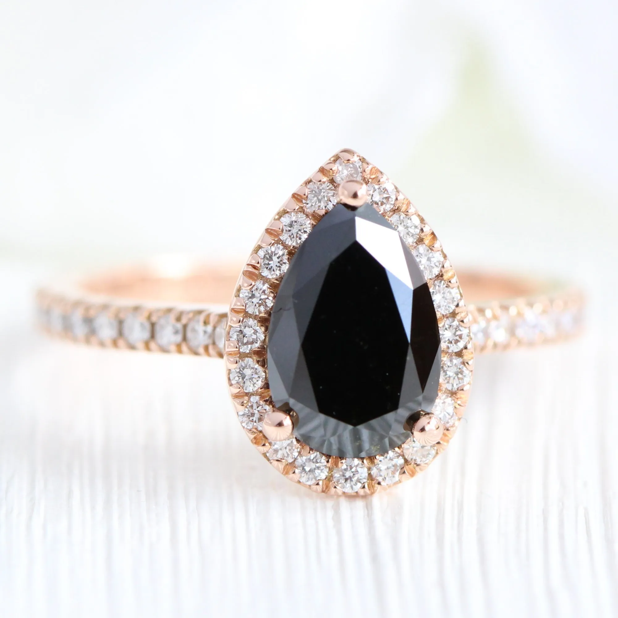 Luna Halo Pear Black Diamond Ring Set w/ Chevron V Shaped Diamond Wedding Band