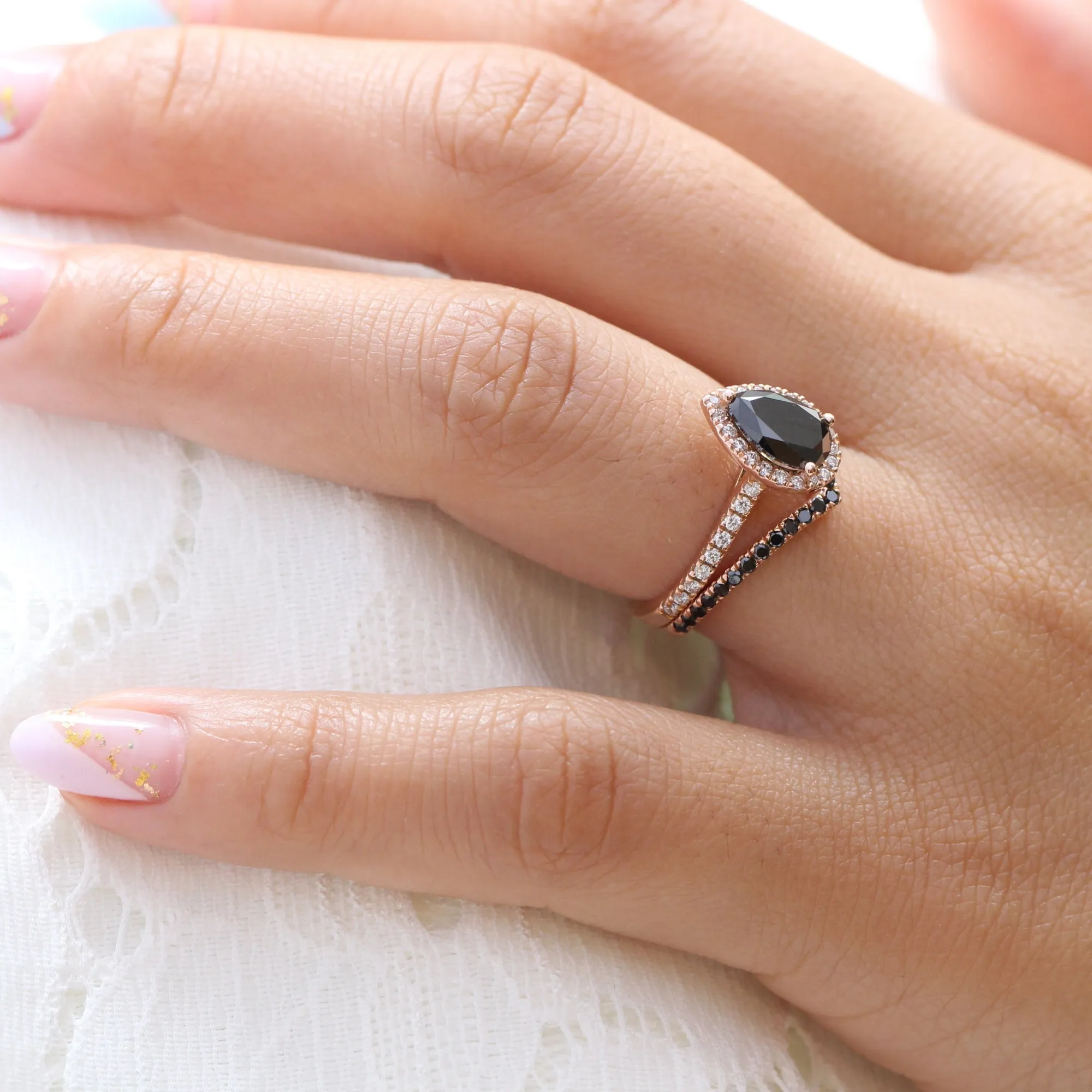 Luna Halo Pear Black Diamond Ring Set w/ Chevron V Shaped Diamond Wedding Band