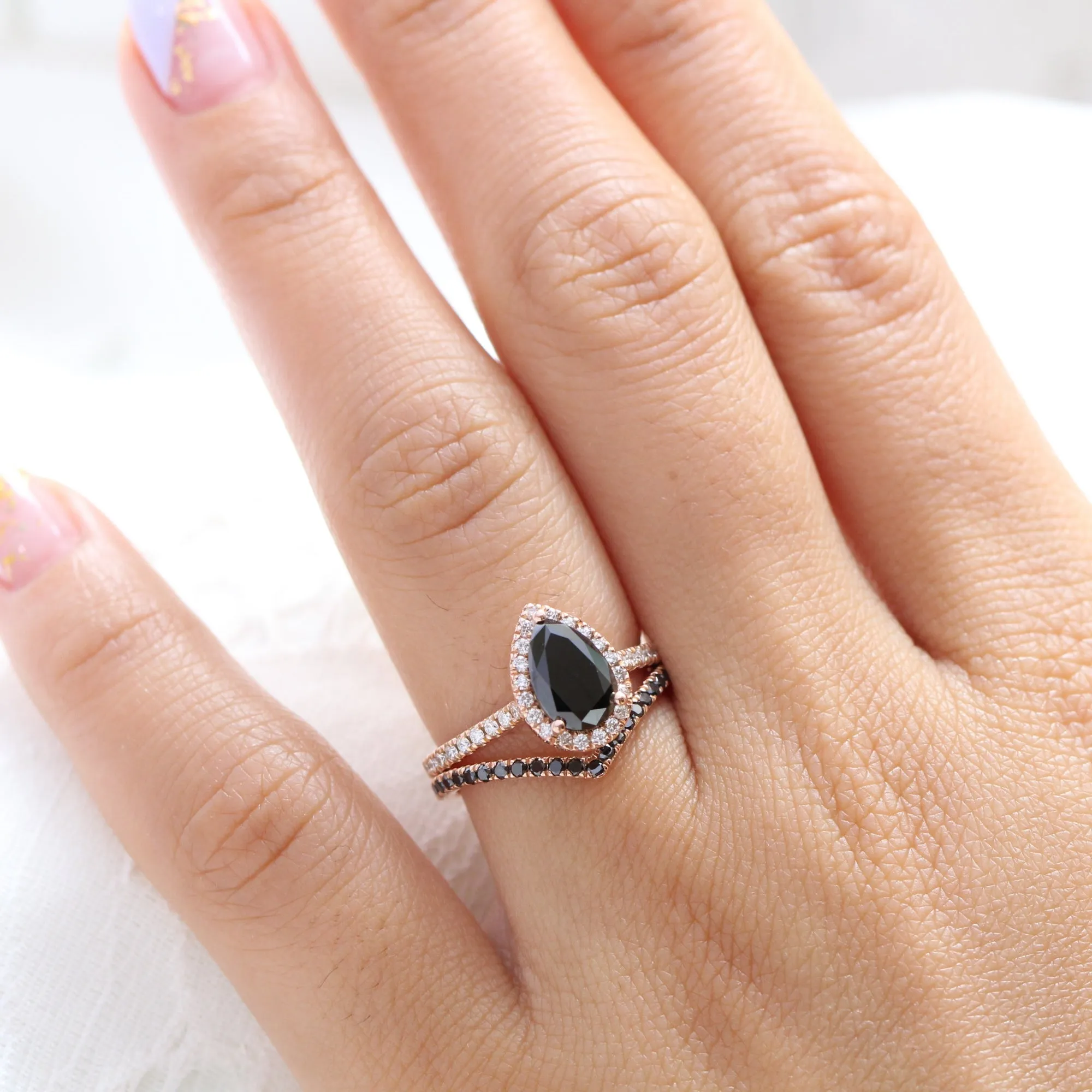 Luna Halo Pear Black Diamond Ring Set w/ Chevron V Shaped Diamond Wedding Band