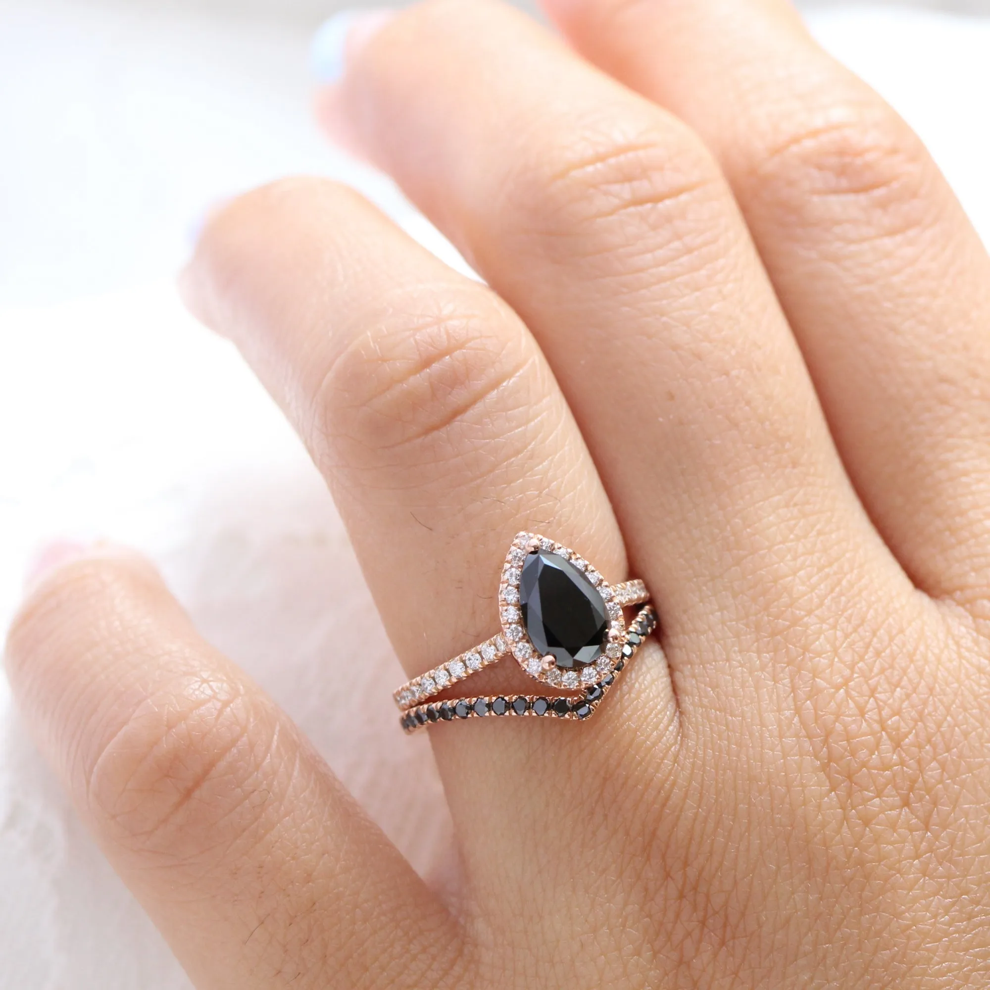 Luna Halo Pear Black Diamond Ring Set w/ Chevron V Shaped Diamond Wedding Band