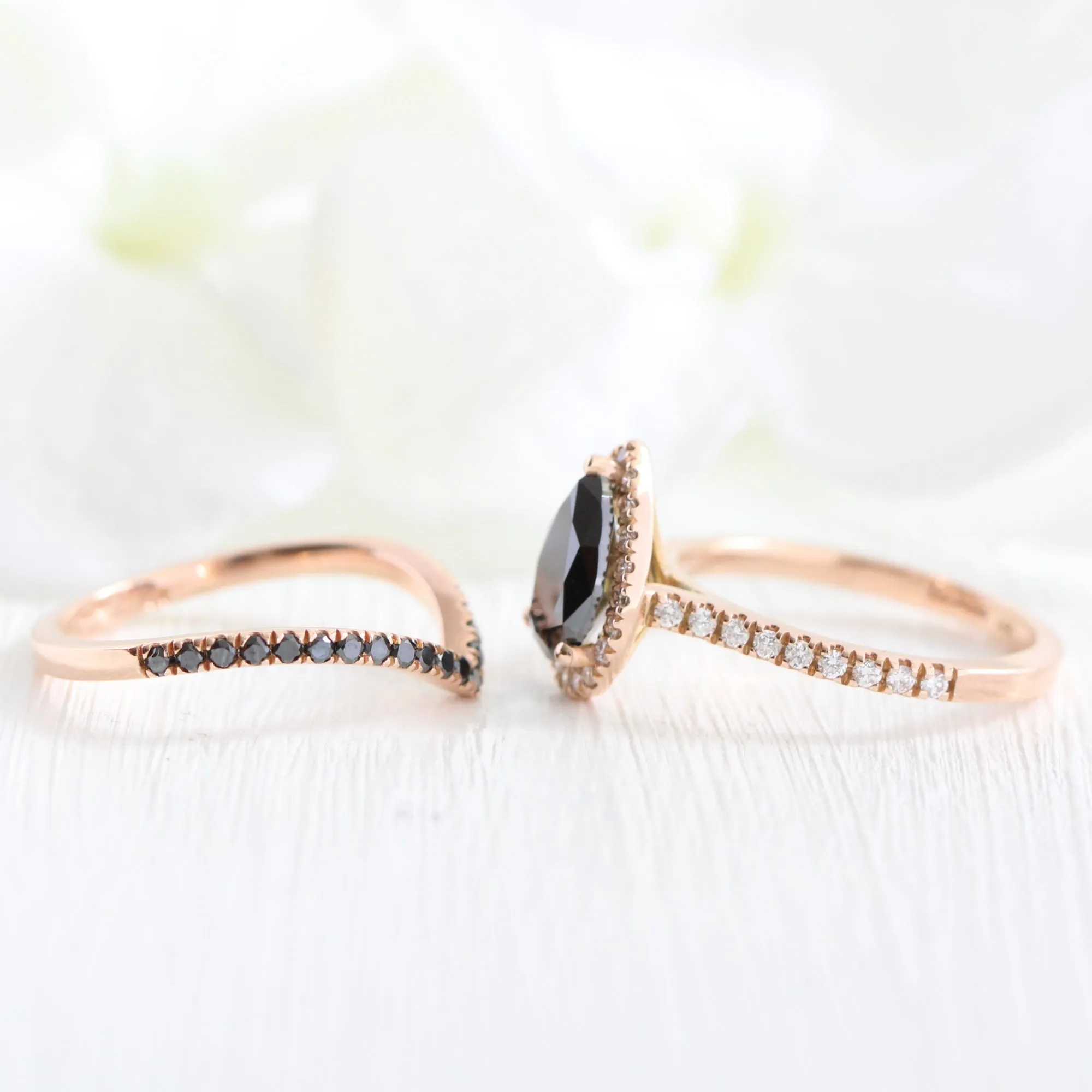 Luna Halo Pear Black Diamond Ring Set w/ Chevron V Shaped Diamond Wedding Band