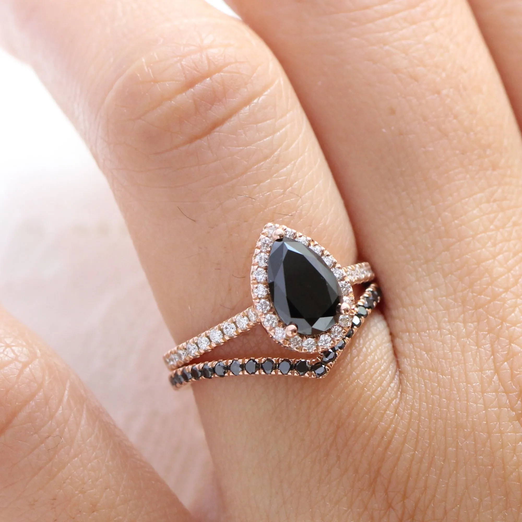 Luna Halo Pear Black Diamond Ring Set w/ Chevron V Shaped Diamond Wedding Band