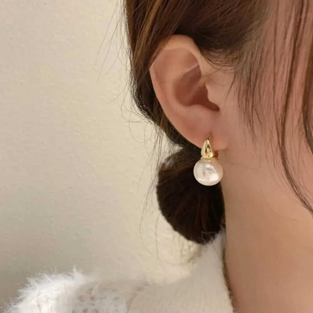 Luxury Pearl Studs Hoop Earrings Charm Gold Color Eardrop