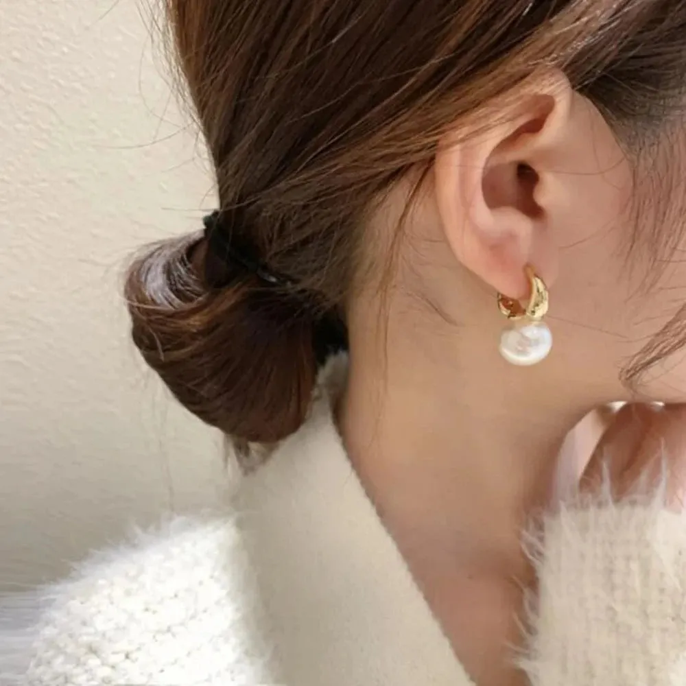 Luxury Pearl Studs Hoop Earrings Charm Gold Color Eardrop