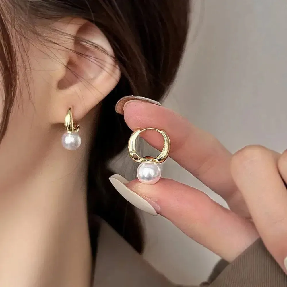 Luxury Pearl Studs Hoop Earrings Charm Gold Color Eardrop