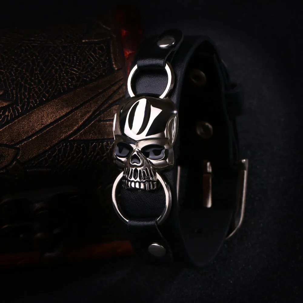 Men's Braided Punk Genuine Leather buckle Rock Punk Zinc Alloy Skull Charms Cuff Bracelet Bangles Casual Jewelry