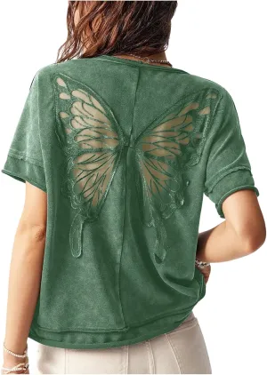 Milumia Women's Vintage Butterfly Sheer T-Shirt Short Sleeve Cut Out Back Loose Tee Tops