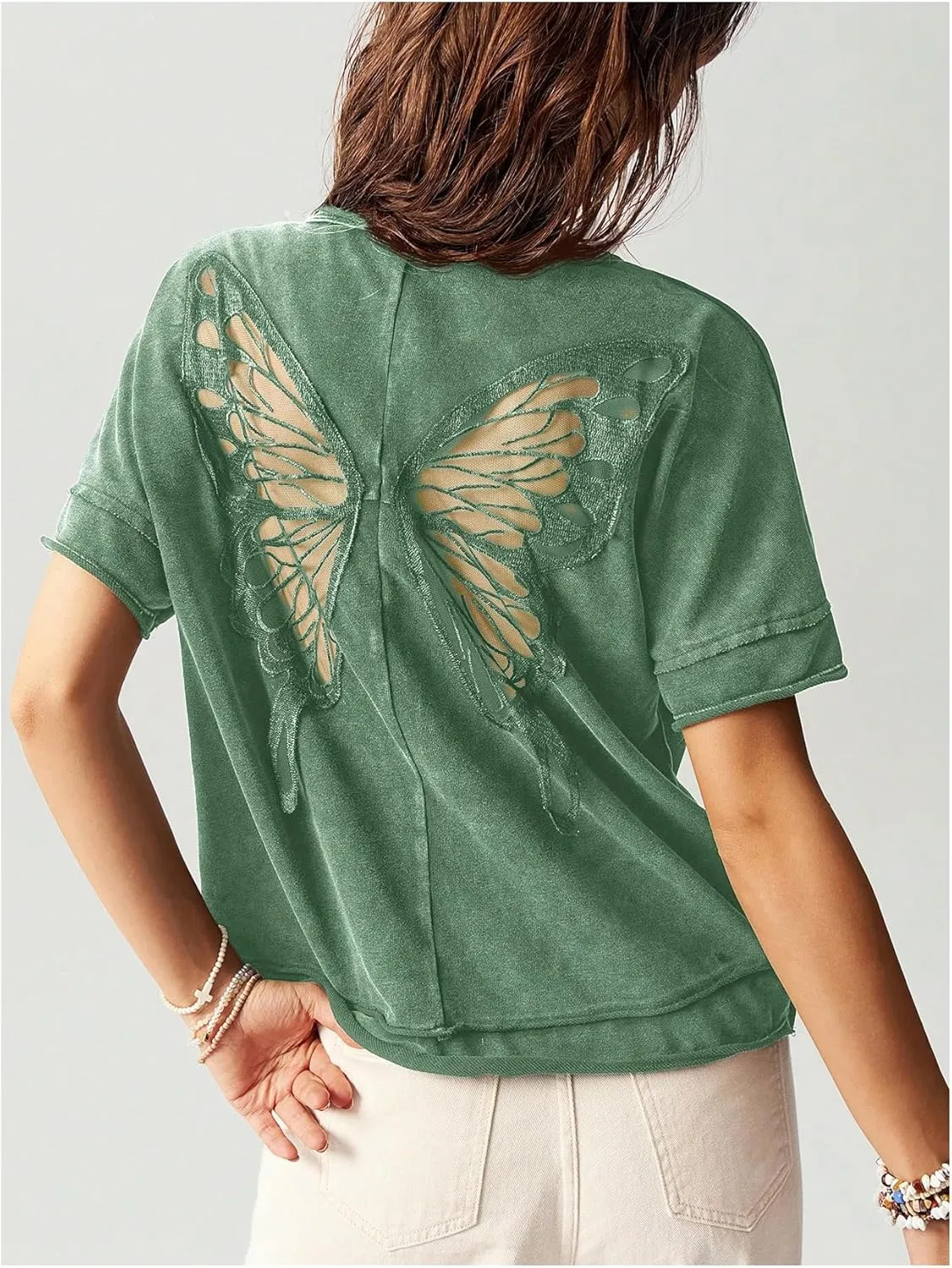 Milumia Women's Vintage Butterfly Sheer T-Shirt Short Sleeve Cut Out Back Loose Tee Tops