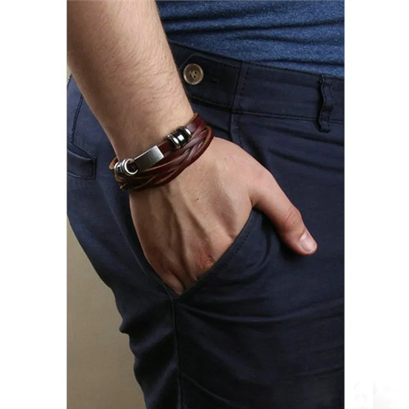 New arrival high quality brown and black leather wrap bracelet for men male jewelry cool stainless steel bracelet