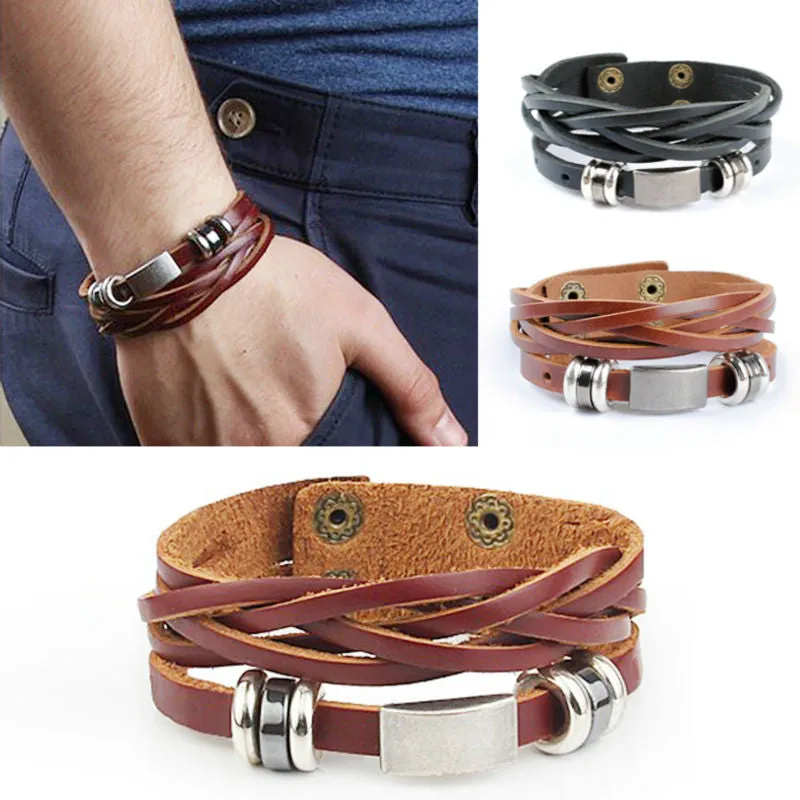 New arrival high quality brown and black leather wrap bracelet for men male jewelry cool stainless steel bracelet