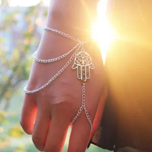 New Fashion Sterling Silver Hamsa Fatima Bracelet Finger Bangle Slave Chain Fashion jewelry