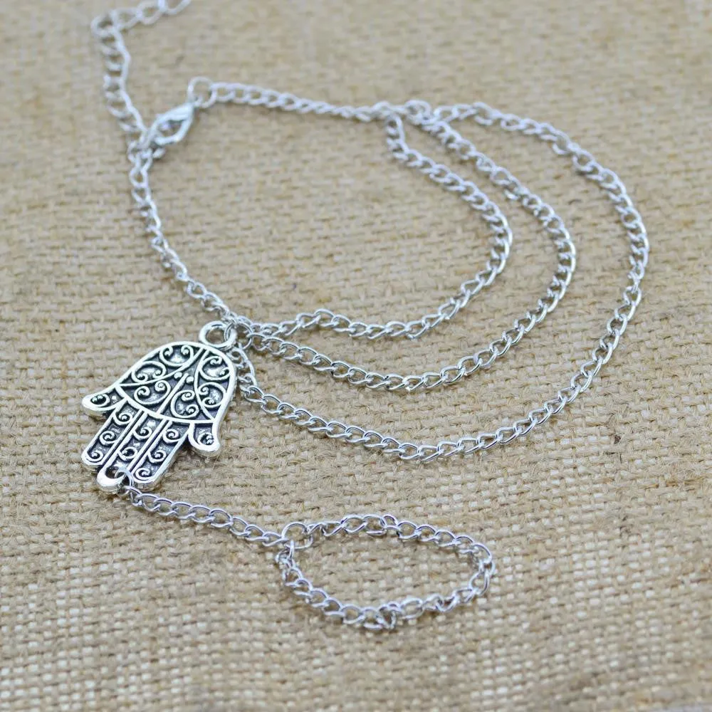 New Fashion Sterling Silver Hamsa Fatima Bracelet Finger Bangle Slave Chain Fashion jewelry