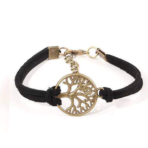 New hot sale 100% Fashion Vintage hand-woven Rope Chain Leather Bracelet Metal tree charm bracelets jewelry for women