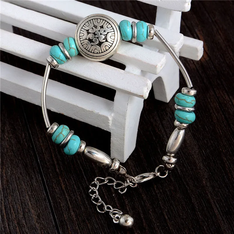 New Natural Stones Buddha Bracelet Turquoise Tibetan Silver Vintage Bracelets & Bangles Charm Bracelets Men Women Unisex