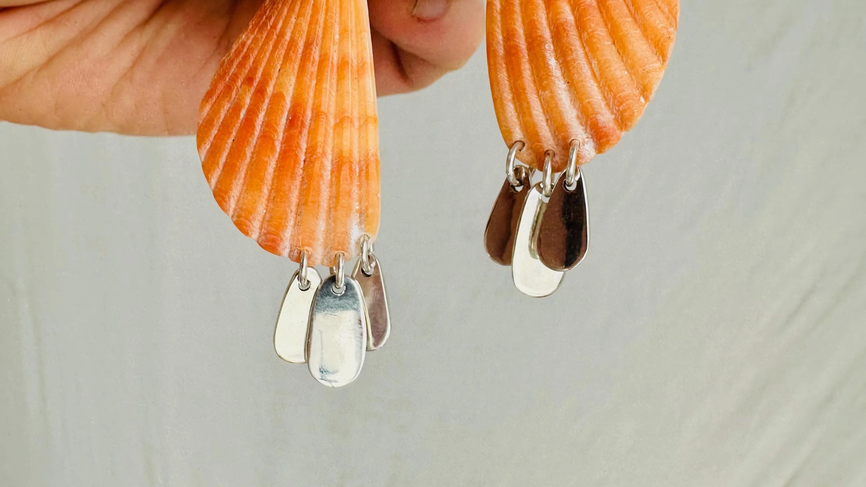 Orange Clam & Sterling Silver Earrings. Handmade Designer Jewelry 2410