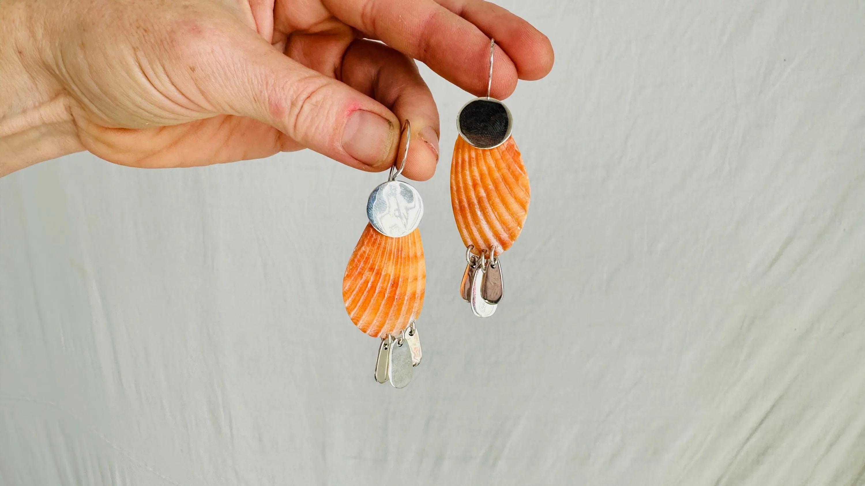 Orange Clam & Sterling Silver Earrings. Handmade Designer Jewelry 2410