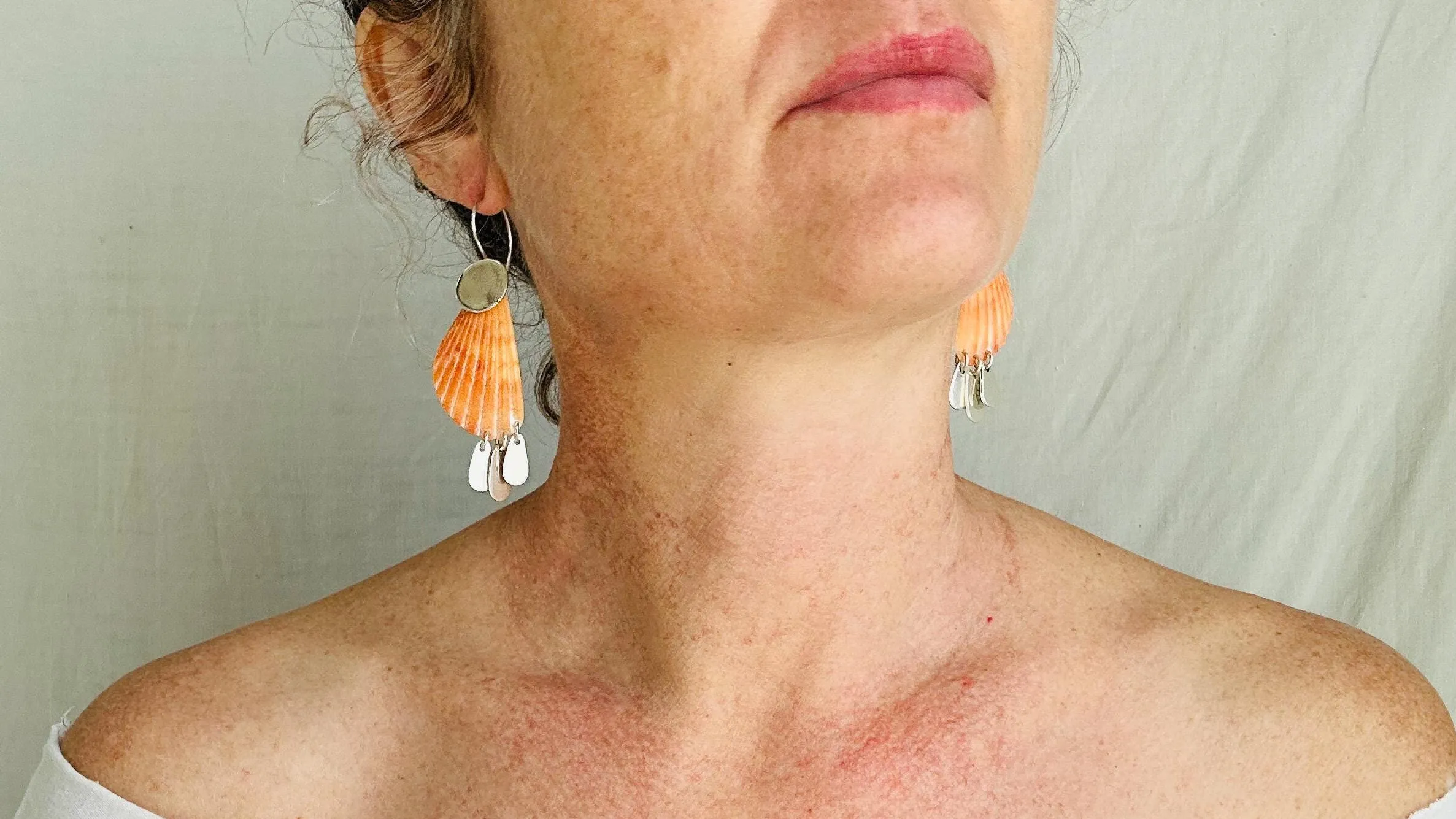Orange Clam & Sterling Silver Earrings. Handmade Designer Jewelry 2410