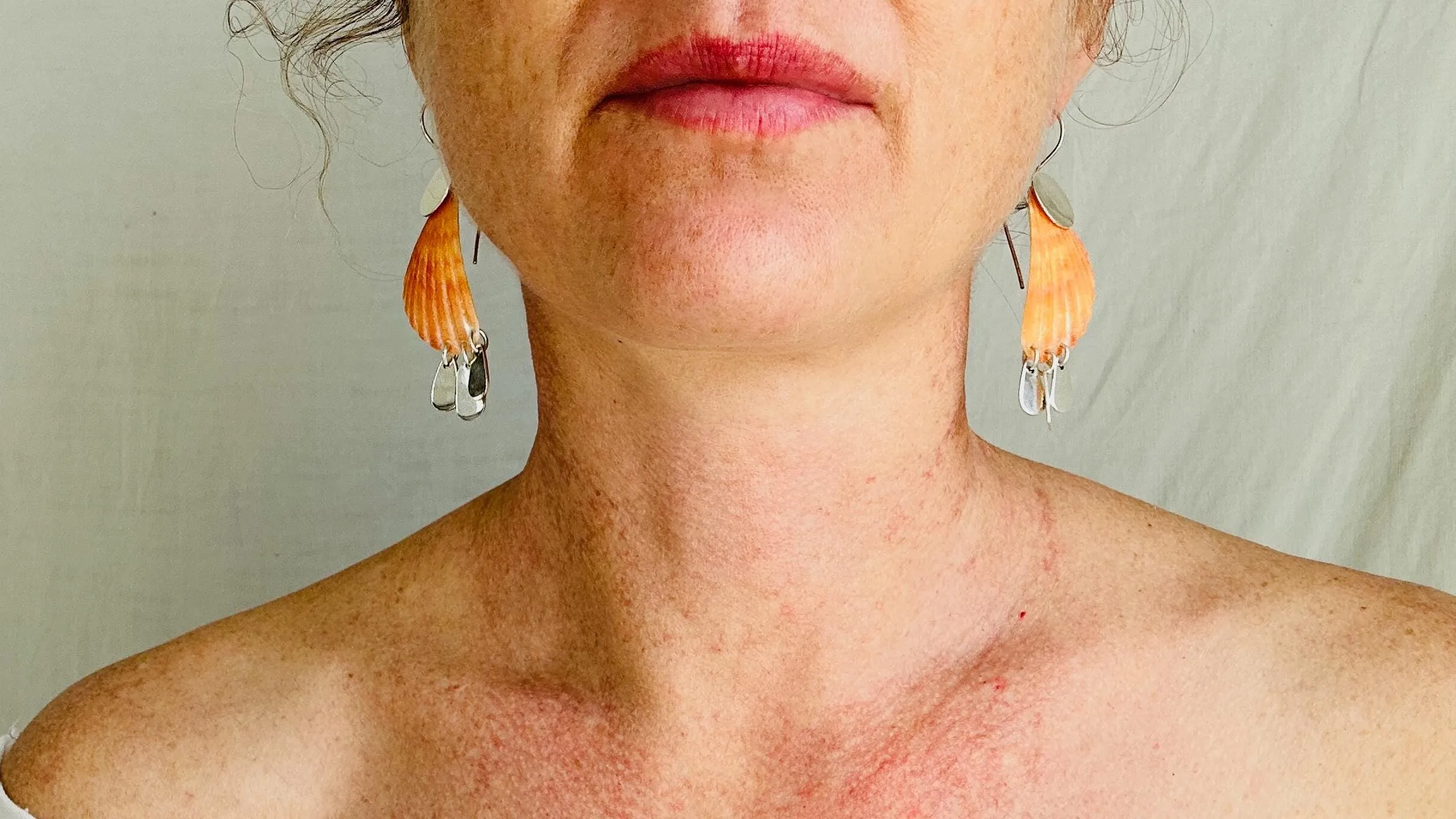 Orange Clam & Sterling Silver Earrings. Handmade Designer Jewelry 2410
