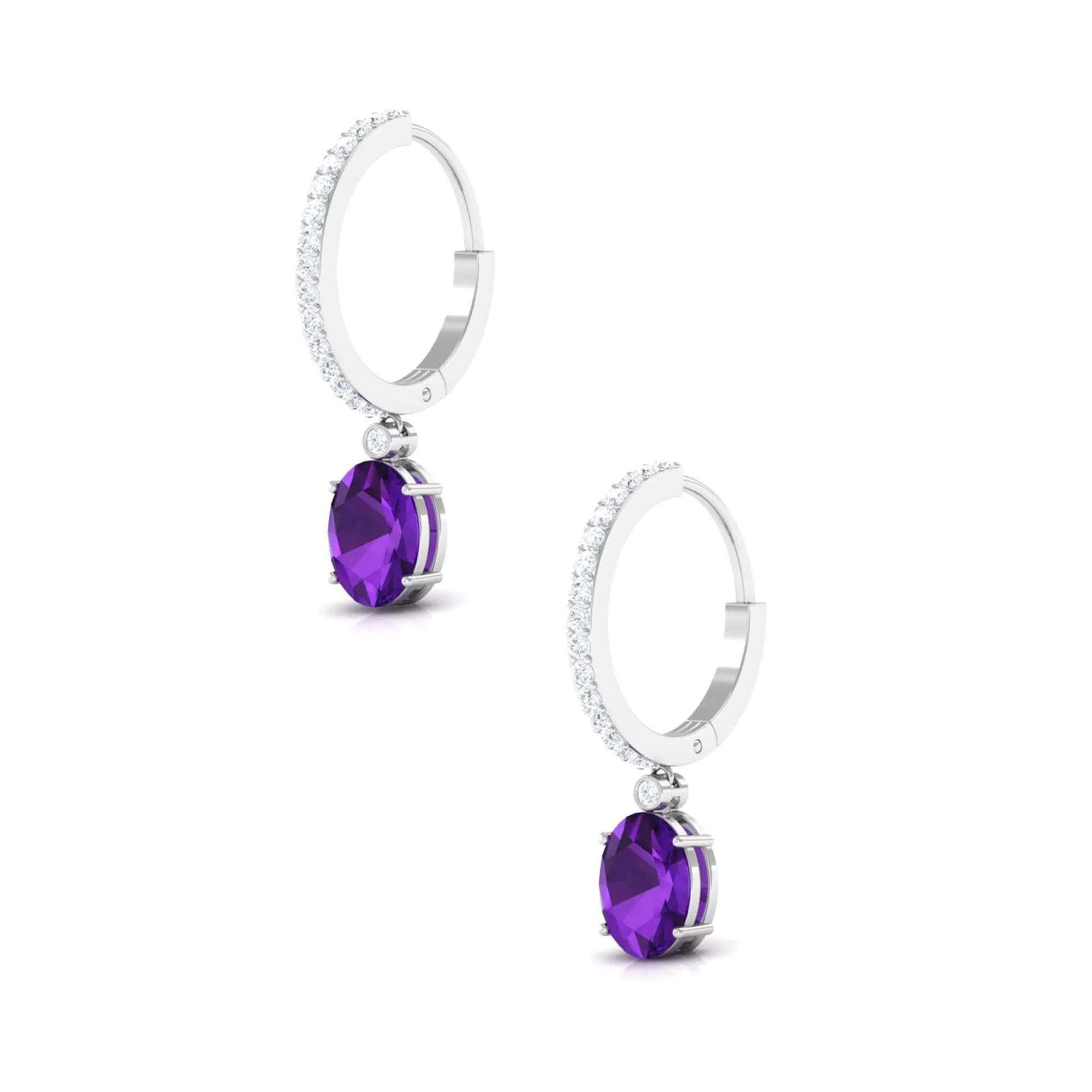 Oval Amethyst Hinged Hoop Drop Earrings with Diamond
