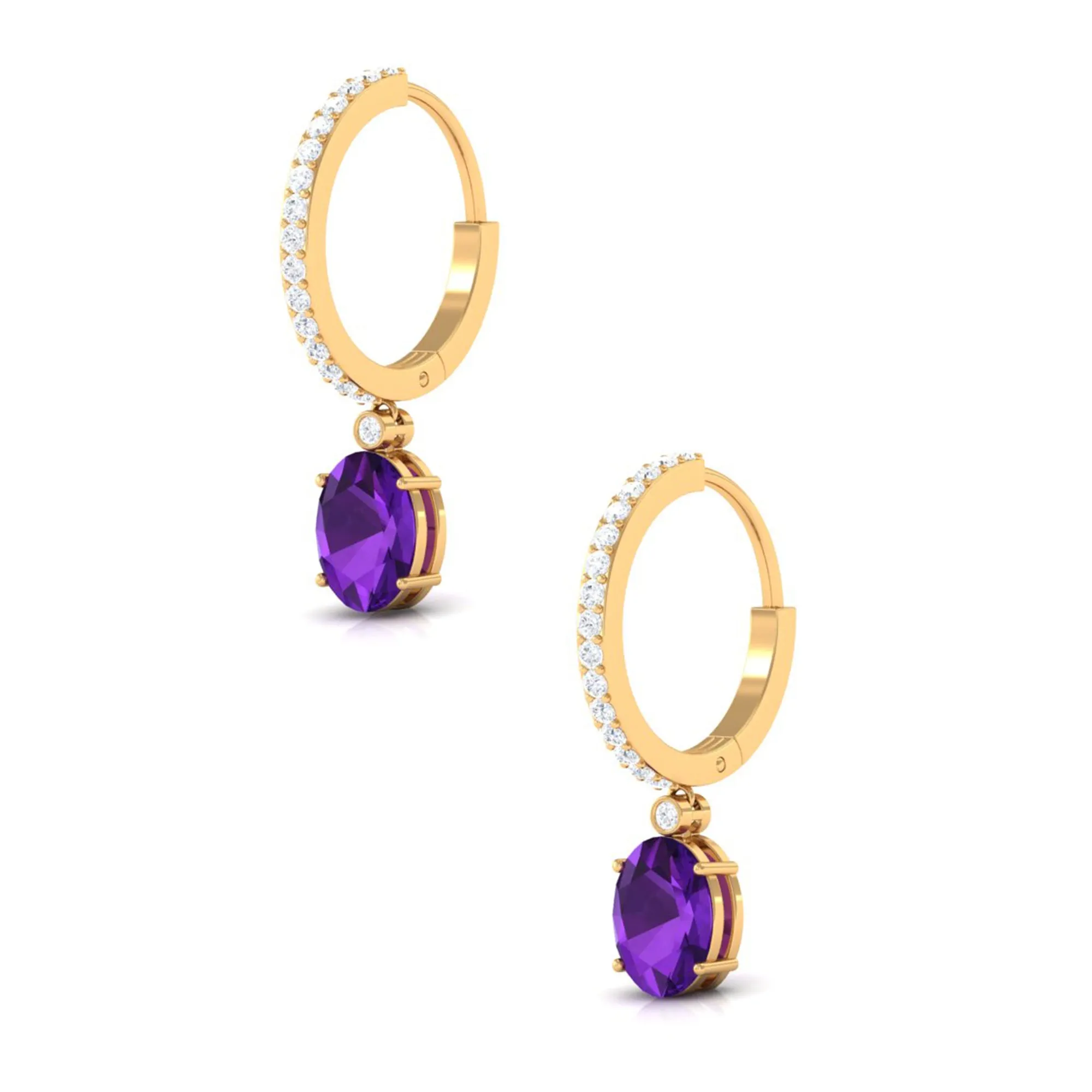 Oval Amethyst Hinged Hoop Drop Earrings with Diamond