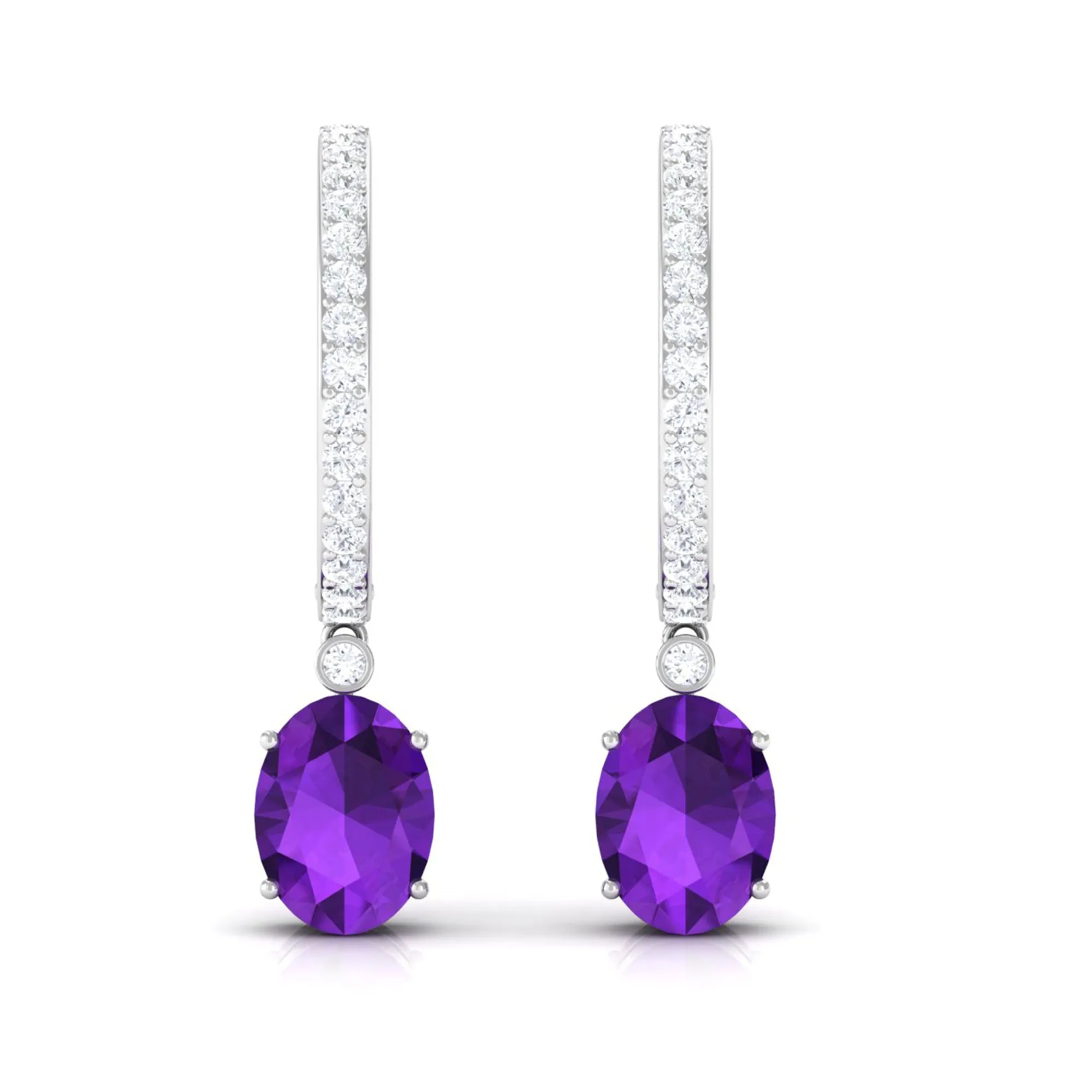 Oval Amethyst Hinged Hoop Drop Earrings with Diamond