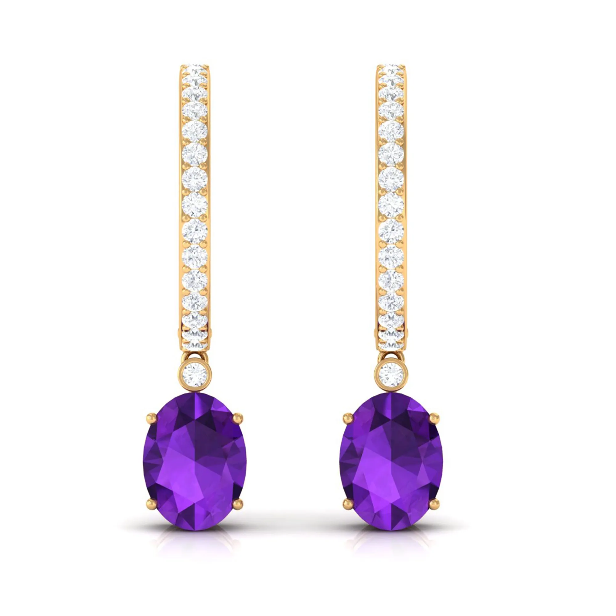 Oval Amethyst Hinged Hoop Drop Earrings with Diamond