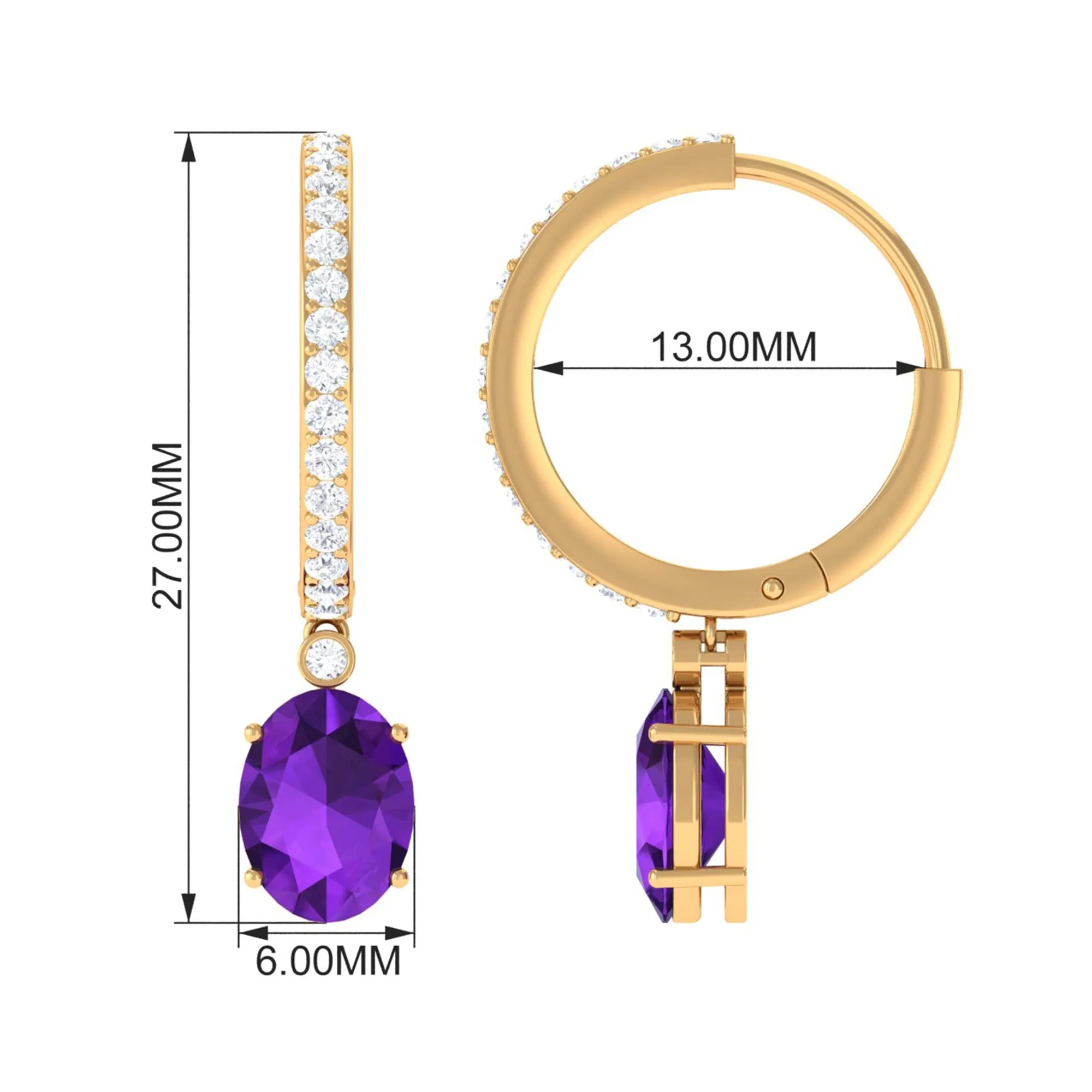 Oval Amethyst Hinged Hoop Drop Earrings with Diamond