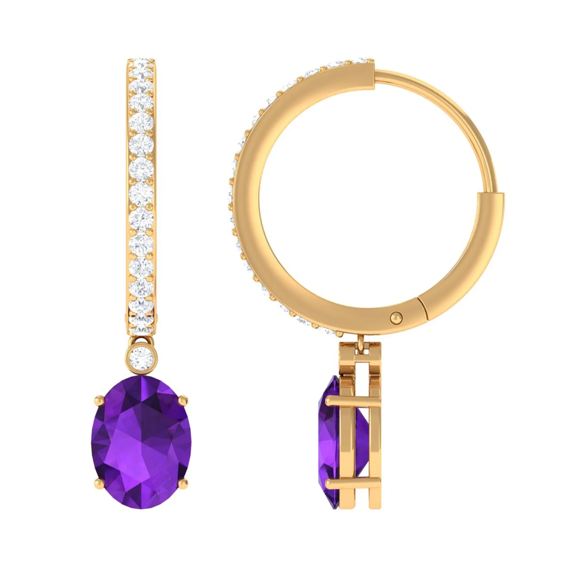 Oval Amethyst Hinged Hoop Drop Earrings with Diamond