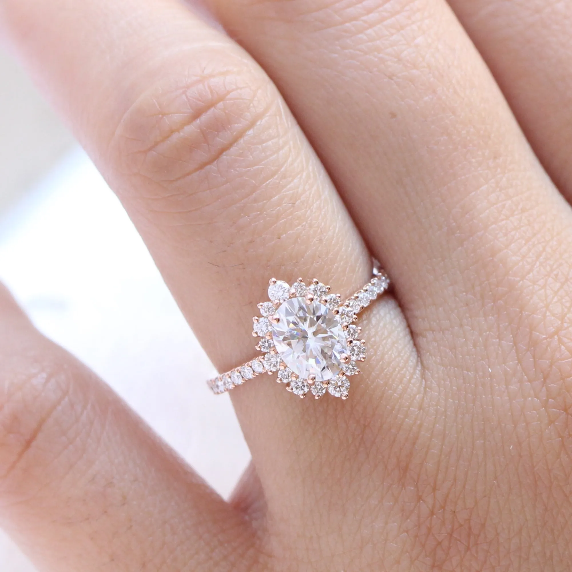 Oval Moissanite Diamond Ring in 14k Rose Gold Tiara Halo Pave Band, Size 6