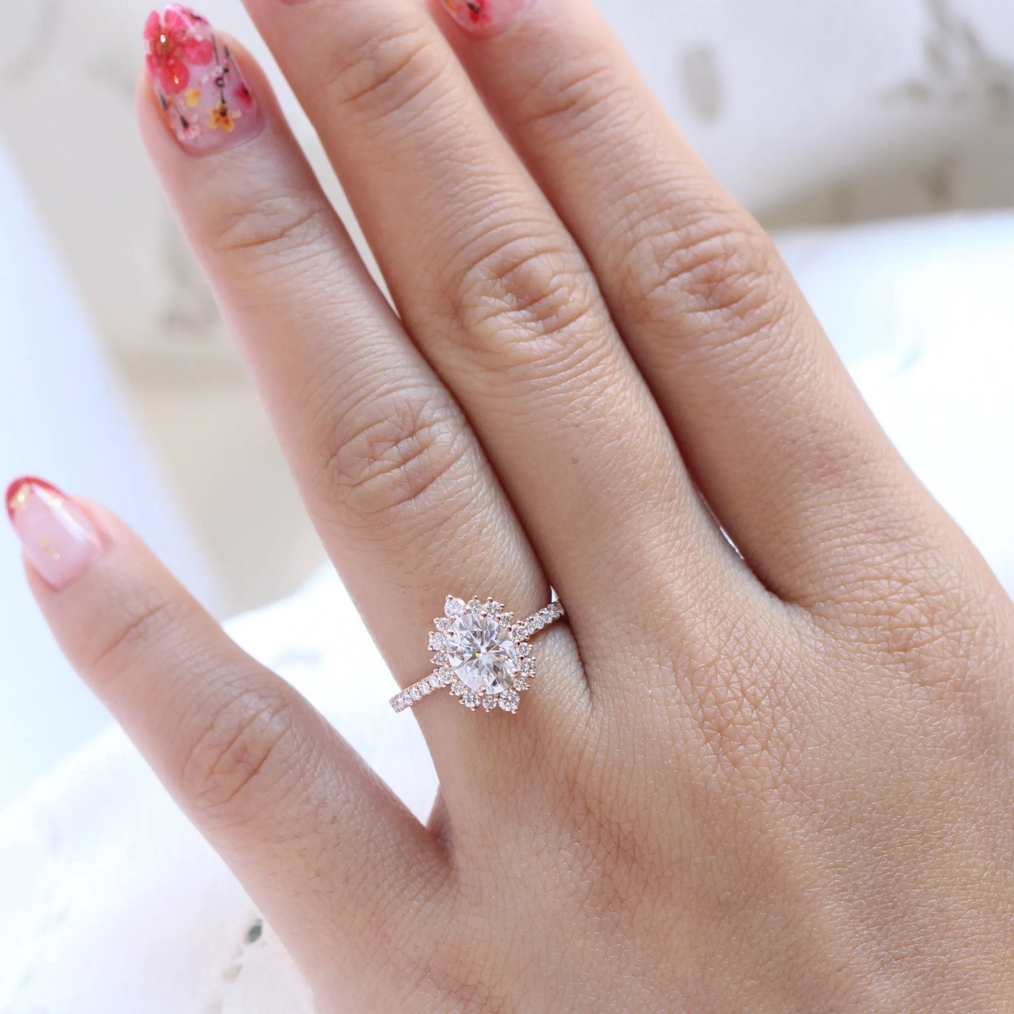 Oval Moissanite Diamond Ring in 14k Rose Gold Tiara Halo Pave Band, Size 6