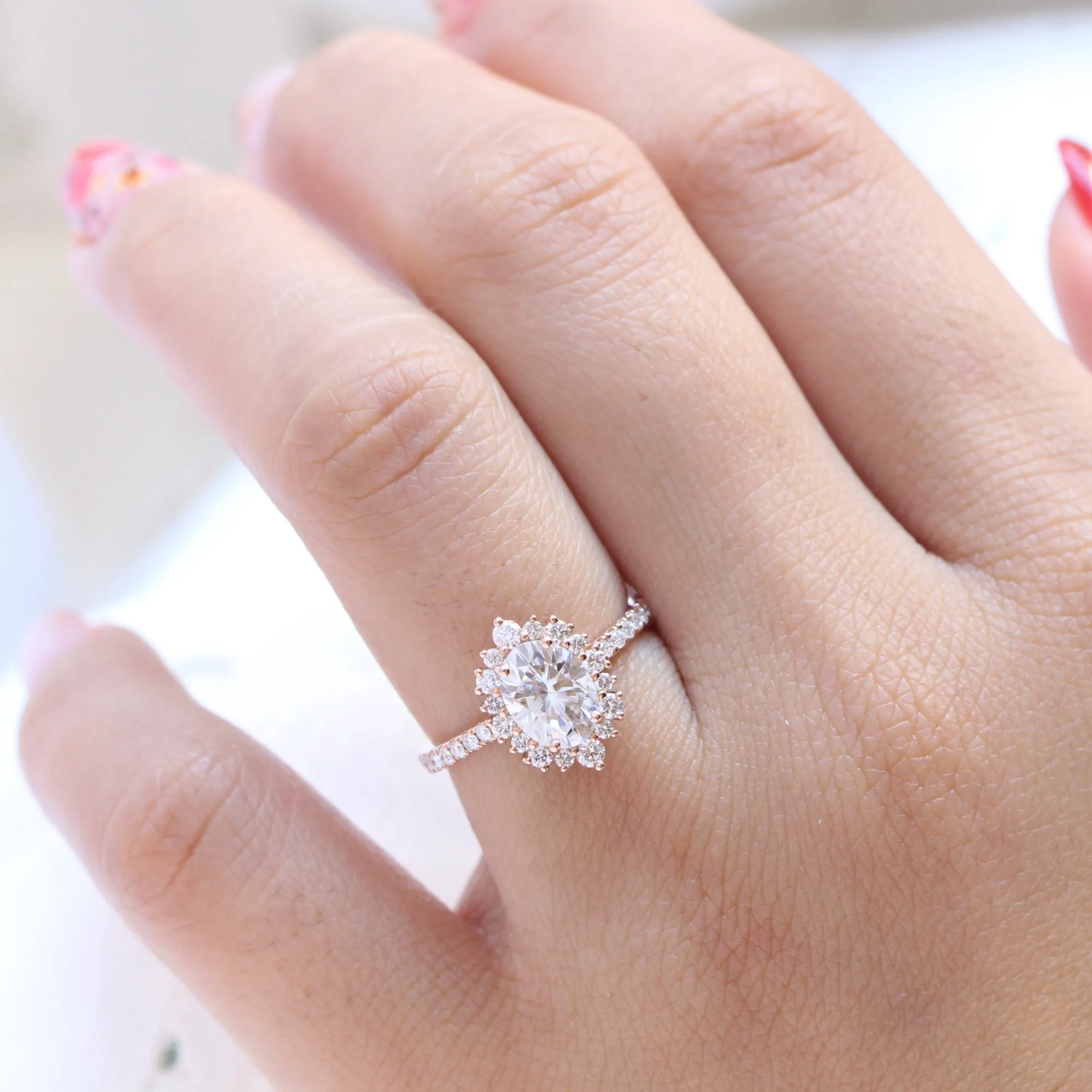 Oval Moissanite Diamond Ring in 14k Rose Gold Tiara Halo Pave Band, Size 6