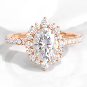 Oval Moissanite Diamond Ring in 14k Rose Gold Tiara Halo Pave Band, Size 6
