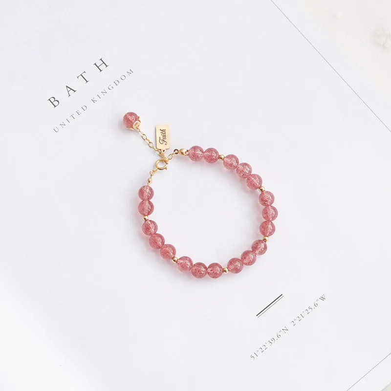 Pink Womens Strawberry Quartz Crystal Sterling Silver Bead Bracelet Handmade Jewelry Women