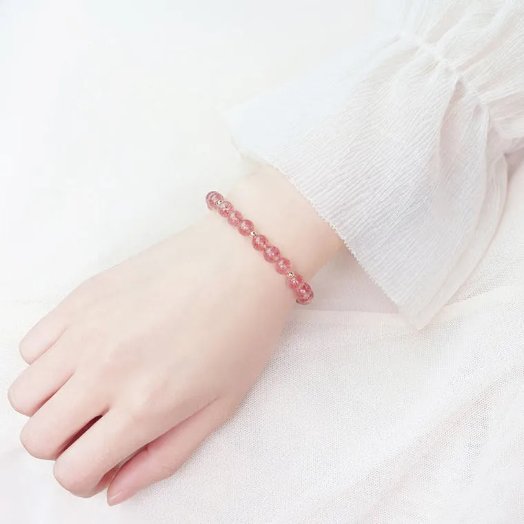 Pink Womens Strawberry Quartz Crystal Sterling Silver Bead Bracelet Handmade Jewelry Women