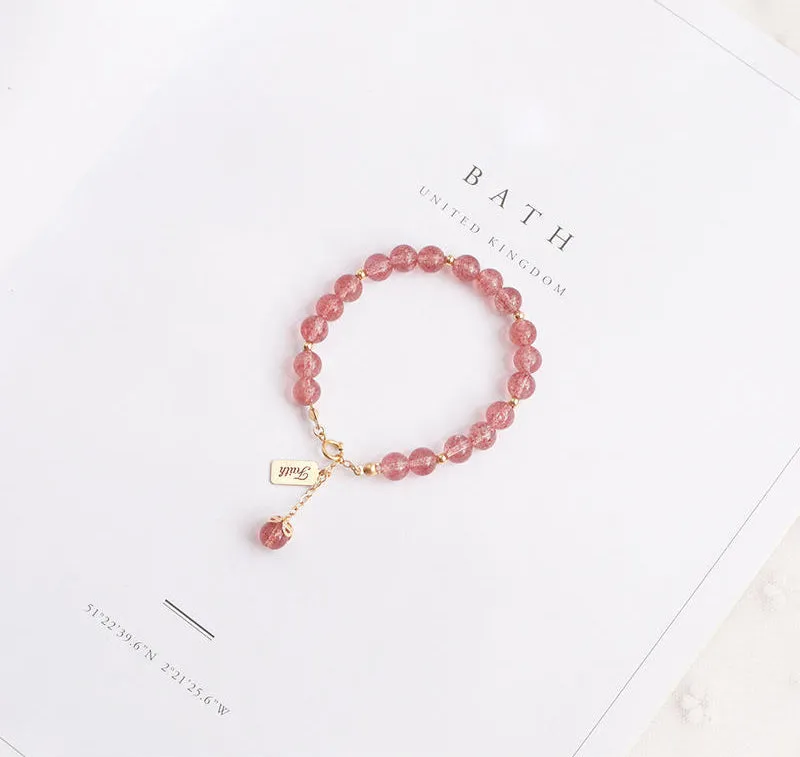 Pink Womens Strawberry Quartz Crystal Sterling Silver Bead Bracelet Handmade Jewelry Women