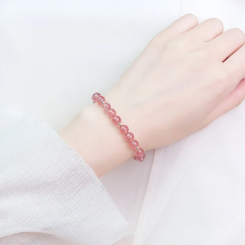 Pink Womens Strawberry Quartz Crystal Sterling Silver Bead Bracelet Handmade Jewelry Women