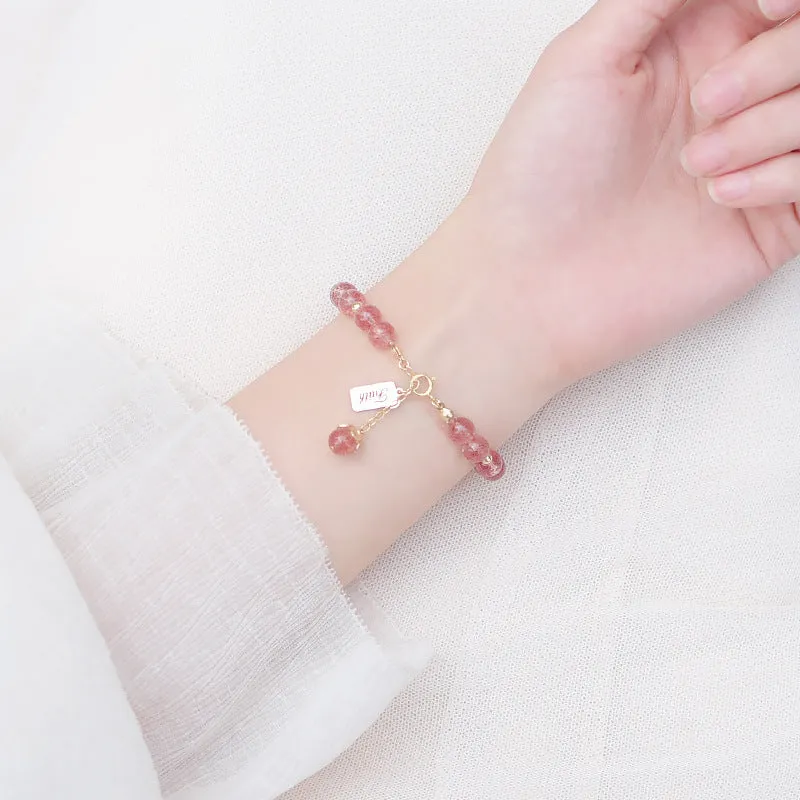 Pink Womens Strawberry Quartz Crystal Sterling Silver Bead Bracelet Handmade Jewelry Women