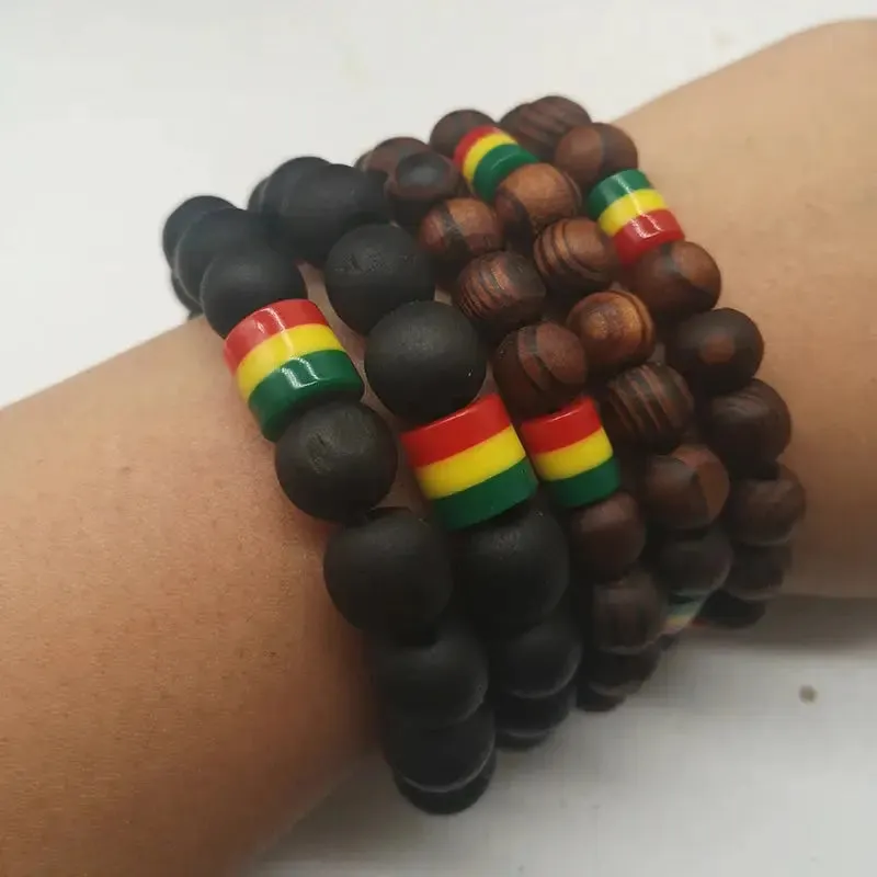 Rasta Beaded Bracelet Set - Natural Wood and Matte Black Beads