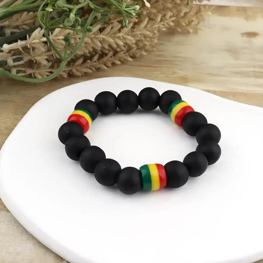 Rasta Beaded Bracelet Set - Natural Wood and Matte Black Beads