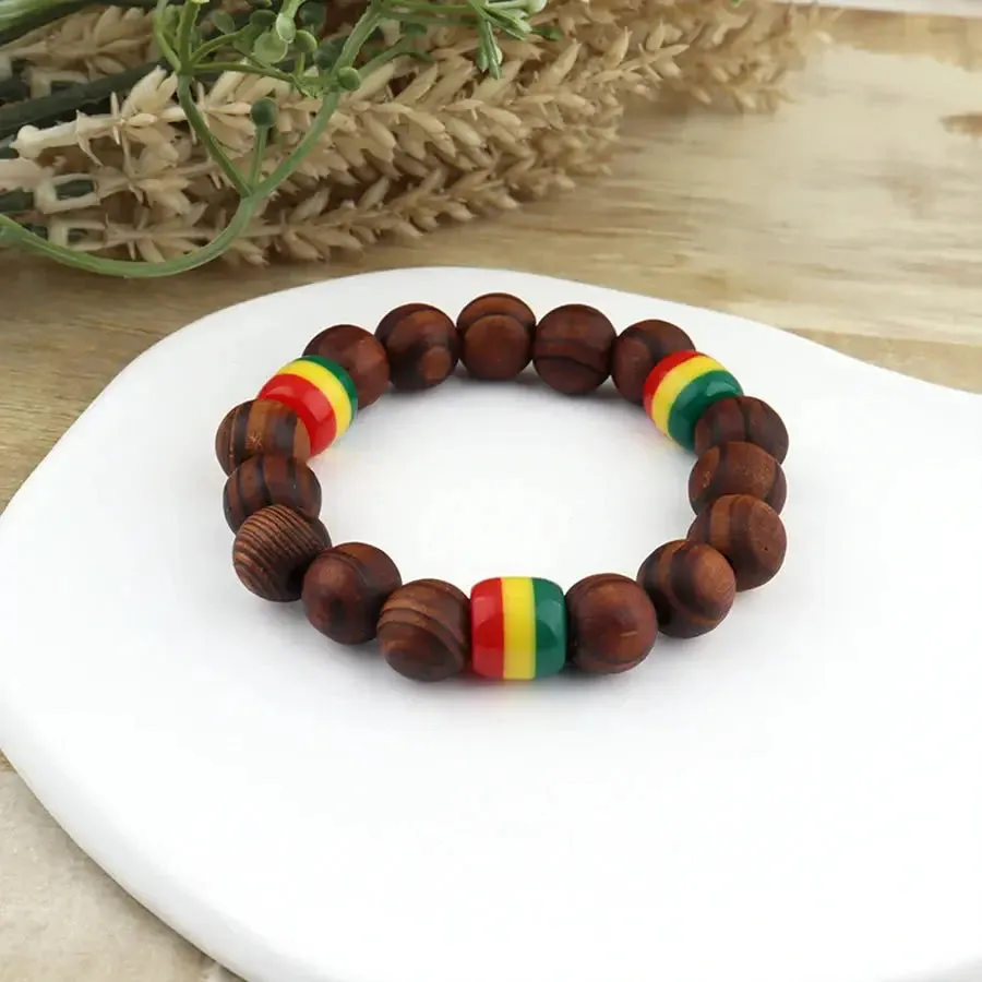 Rasta Beaded Bracelet Set - Natural Wood and Matte Black Beads