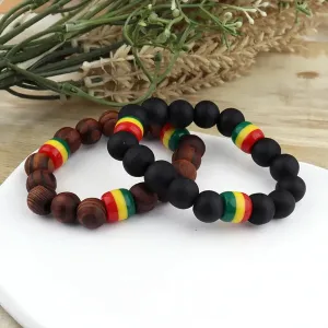 Rasta Beaded Bracelet Set - Natural Wood and Matte Black Beads