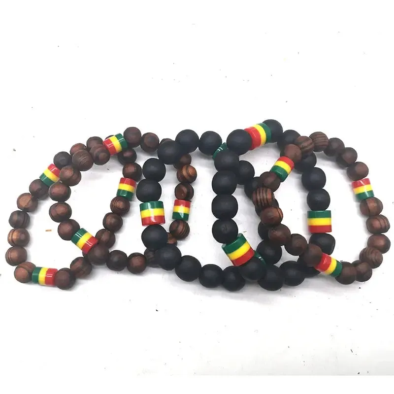 Rasta Beaded Bracelet Set - Natural Wood and Matte Black Beads